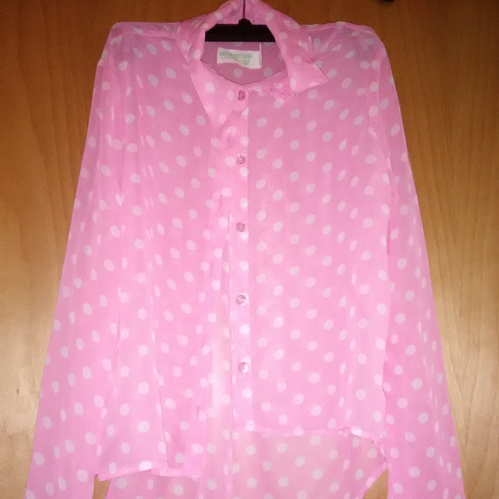 Pink and White Polk a dot shear blouse
